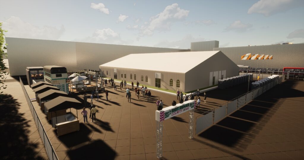 Main tent and surrounding stands in CMK train station public activation concept.