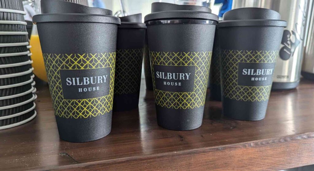 We can incorporate sustainable suppliers at your events, such as caterers, where we can brand your compostable cups, as seen here for Silbury House in MK - one of the most sustainable offices in the UK.