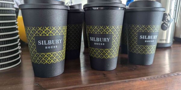 We can incorporate sustainable suppliers at your events, such as caterers, where we can brand your compostable cups, as seen here for Silbury House in MK - one of the most sustainable offices in the UK.