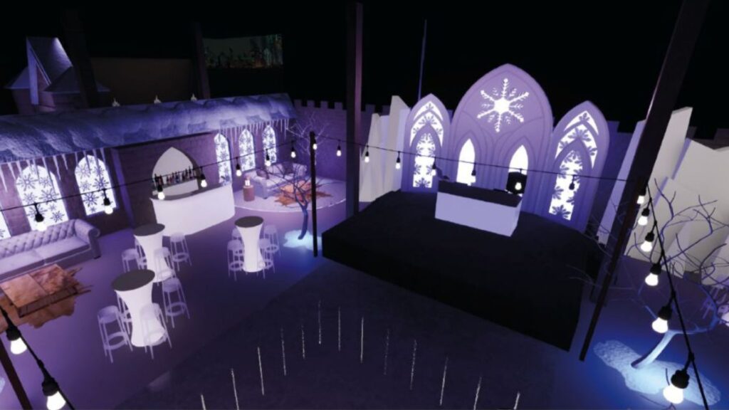 Corporate event space design incorporate lighting and AV rigging and set up.