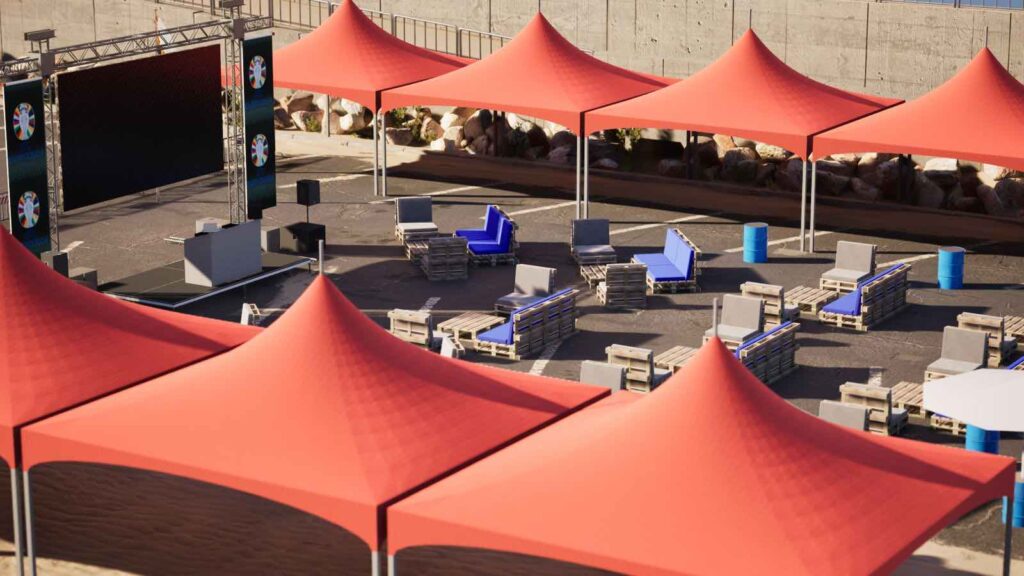 A render of a fan zone production created by Julia Charles Event Management showcasing sustainable furniture design, structures and LED tele streaming zone.