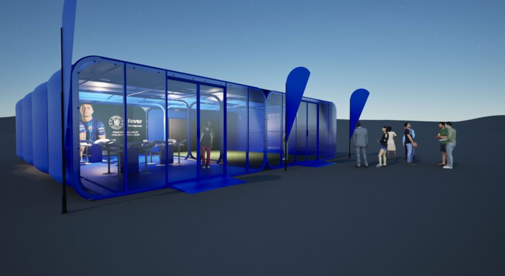 A design of a blue airclad pop-up installation for fan zones.