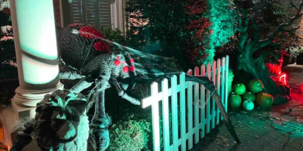 Iluminated spider prop used for a scary Halloween house decoration.