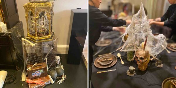 Fine details from Halloween house dressing including cage props and skeletons.