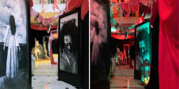 Hallway transformation featuring artworks and twisted circus set up in Halloween house decoration.