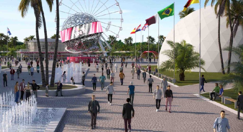 A 3D design render CAD of Fifa World Cup Fan Zone village in Qatar includes LED globe, fairground and tents.