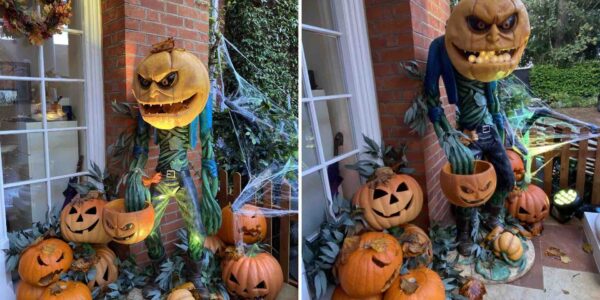 Scary exterior pumpkin man prop and real pumpkins used for a clients Halloween house decoration.