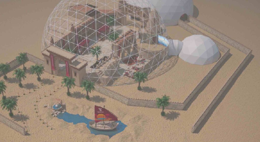 Birdseye map view of Fifa World Cup Qatar design concept including structures and set up layout.
