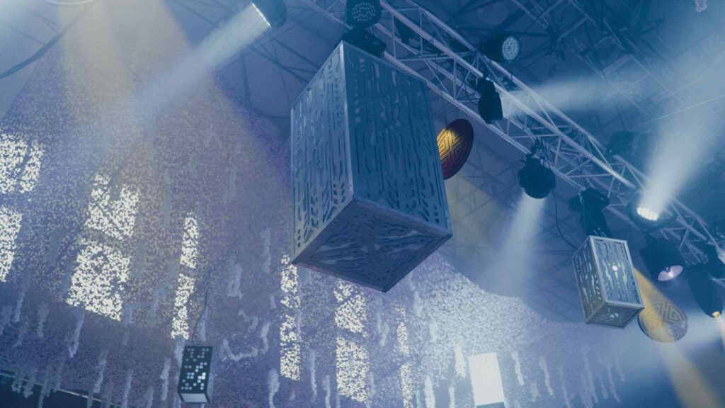 Aerial rigging for lighting and AV event set-up.