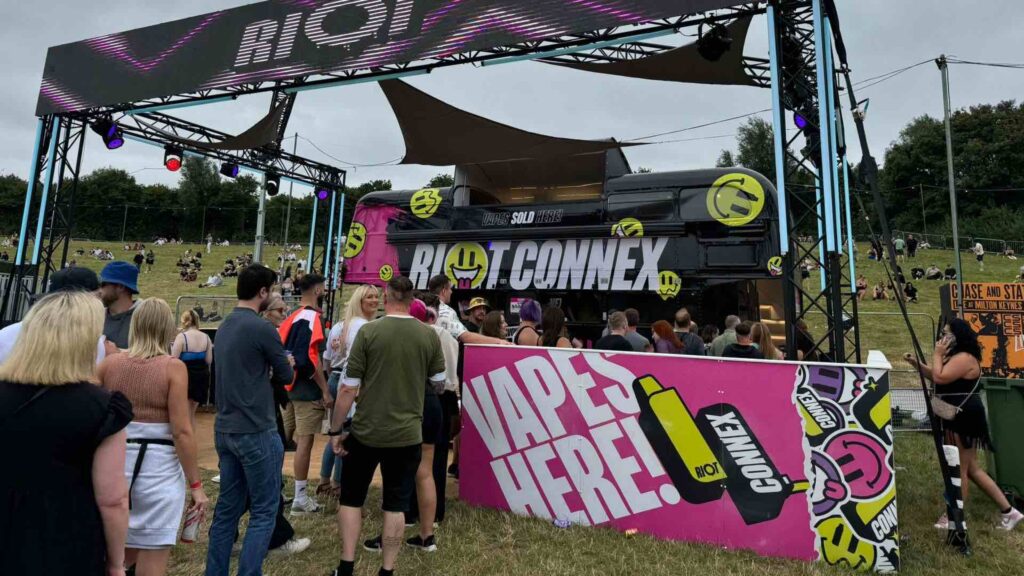 Riot squad festival stall product launch at milton keynes bowl showcasing their new product 'Connex.'