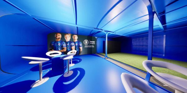 Bespoke fan zone engagement zone with seating and blue decor.