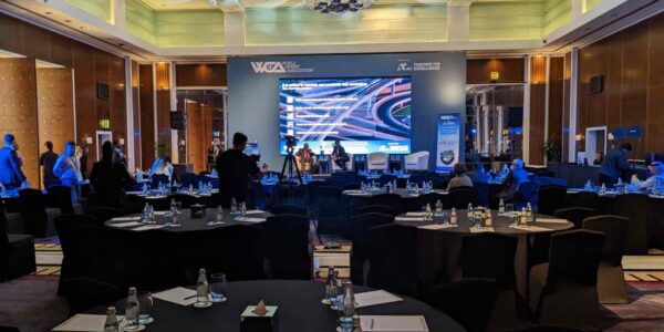 Setting up this Dubai conference in preparation for guest speakers and live streaming.
