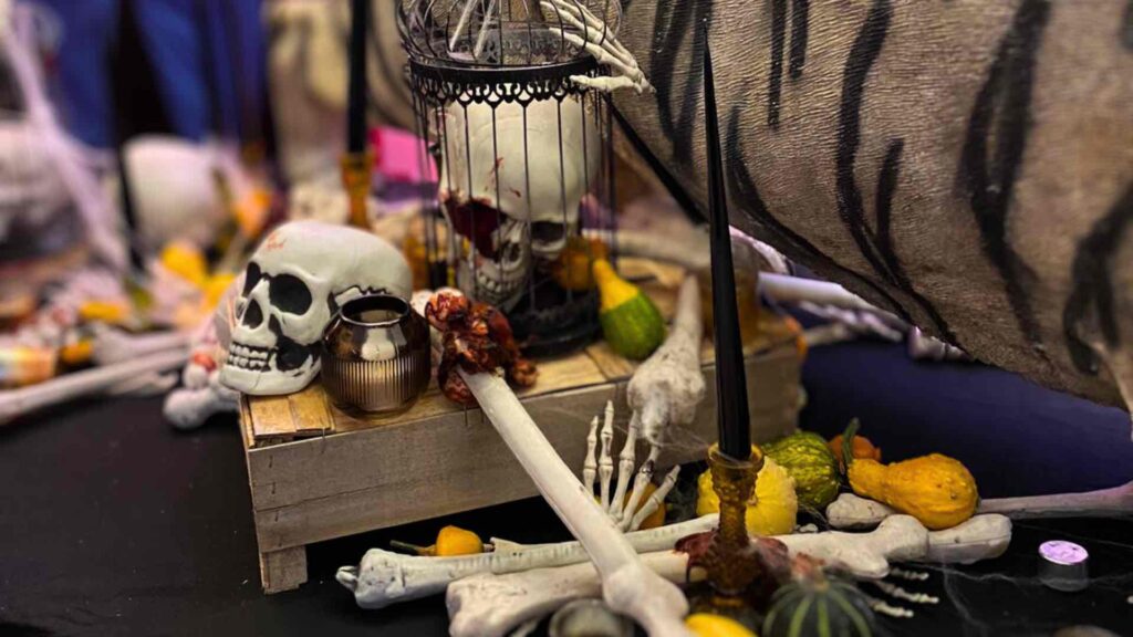 Skeleton and bones with tiger prop used for Halloween house decoration.