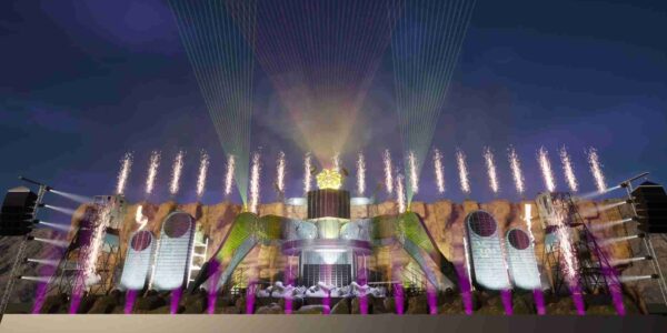 Custom concept design of a set and stage showing fireworks and lasers coming from a festival style stage.