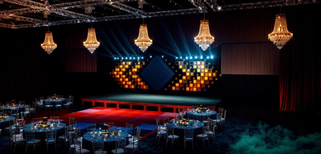 A render of a stage design for an event in London Billingsgate using CAD software.