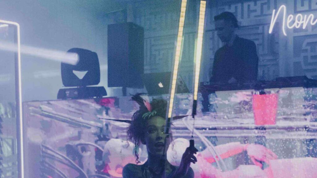 Neon Tokyo Themed Event production with bespoke set and stage design enhanced with lighting and AV services.