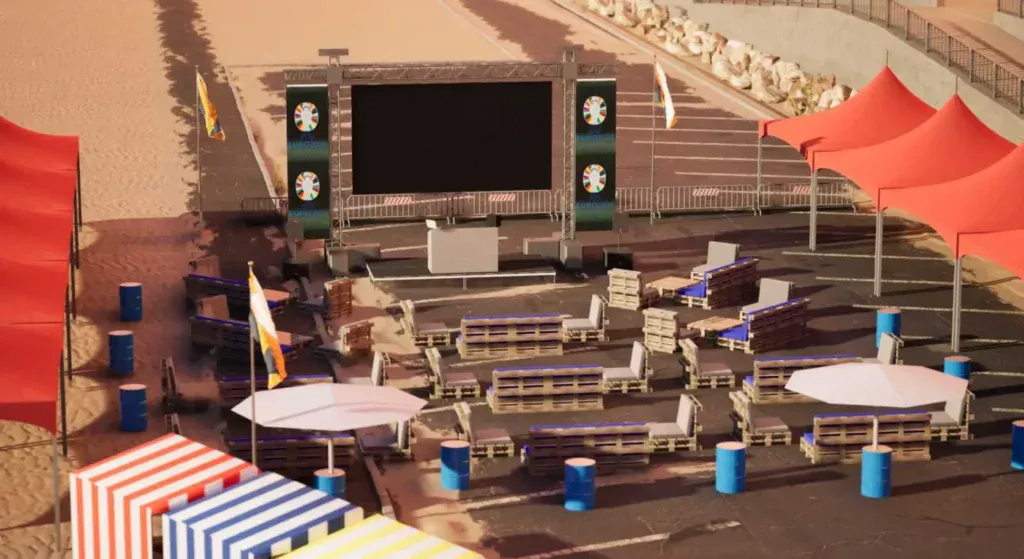 Fan Zone event design render featuring LED screen, sustainable palette furniture, marquees and engagement zones.