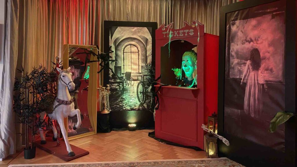 Our events team transformed a client's London home with a twisted circus-themed Halloween decor setup.