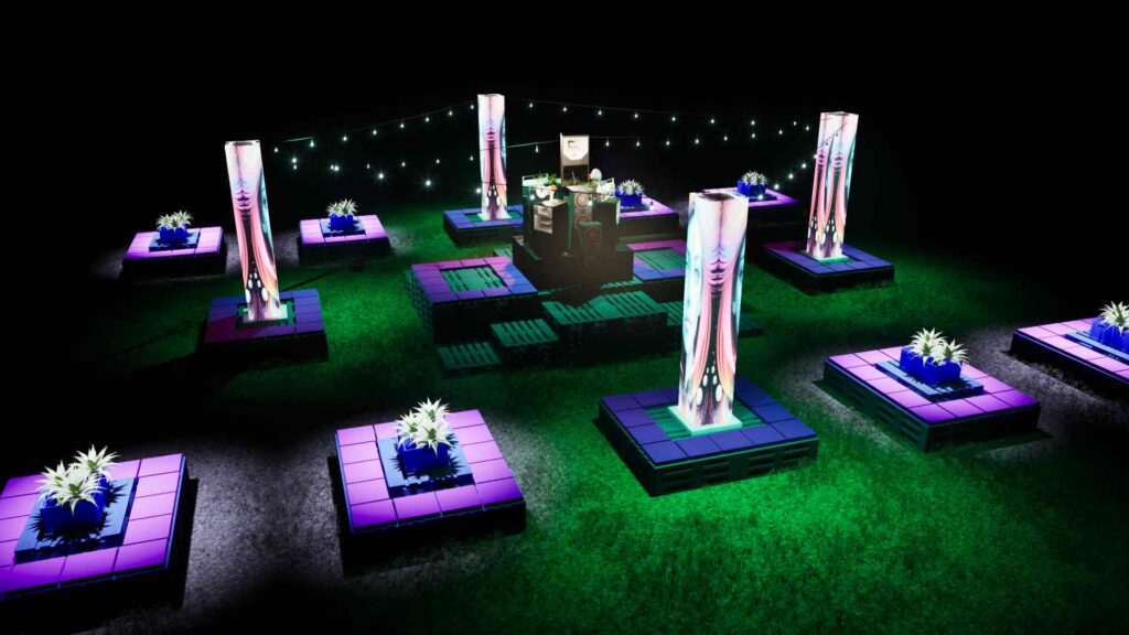 A festival seating installation set concept with festoon lights, pallet furniture and boombox for set and stage design service.