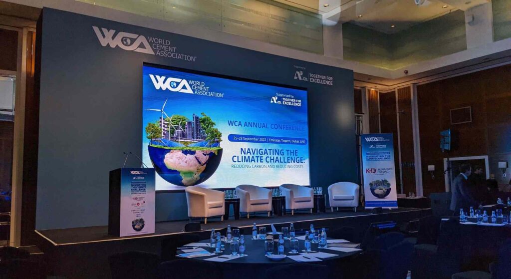WCA dubai corporate conference stage set up ready for the guest speakers to take stage.