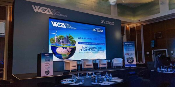 WCA dubai corporate conference stage set up ready for the guest speakers to take stage.