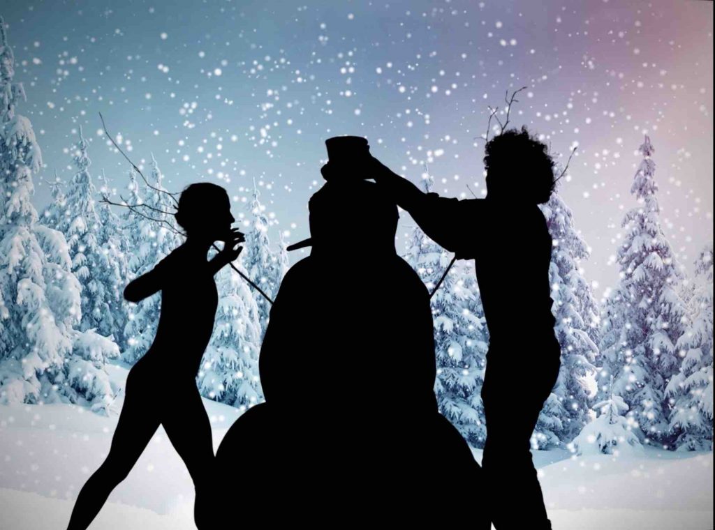 Virtual Christmas Shadow Show snowman scene. Available to book as part of virtual entertainment hire