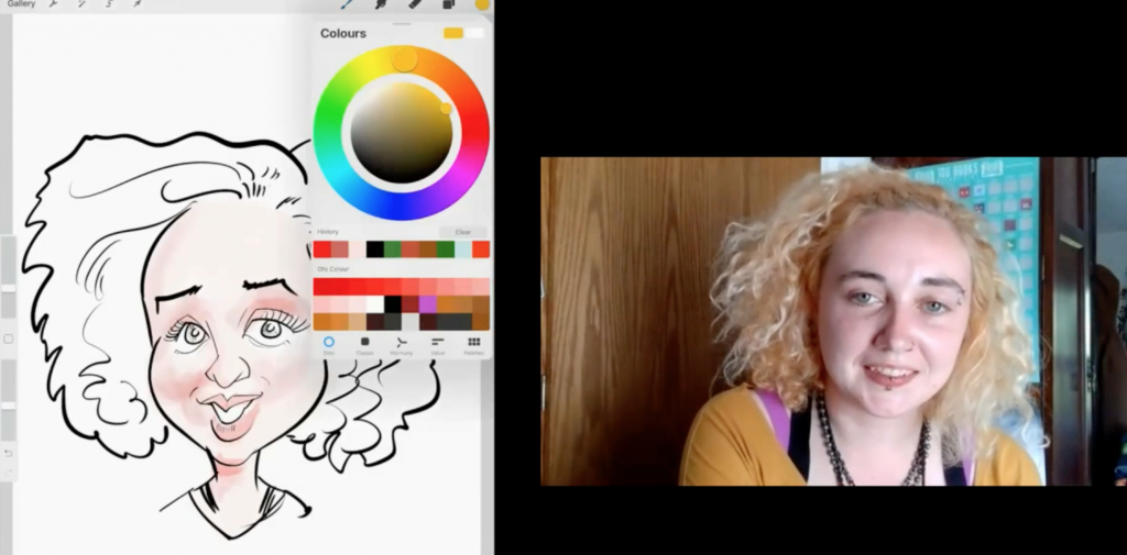 Virtual entertainment complimentary caricaturist available to book to create flattering e-caricatures of your guests at your virtual event.