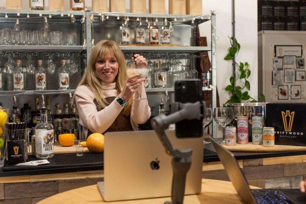 Virtual food and drink workshop host speaking to guests about gin. Our online workshop experiences are a great option for those looking to entertain whilst COVID-19 restrictions are in place.