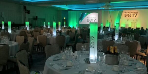 Corporate block table centrepieces with customisable logos and images are ideal for gala dinner events to illuminate tables.