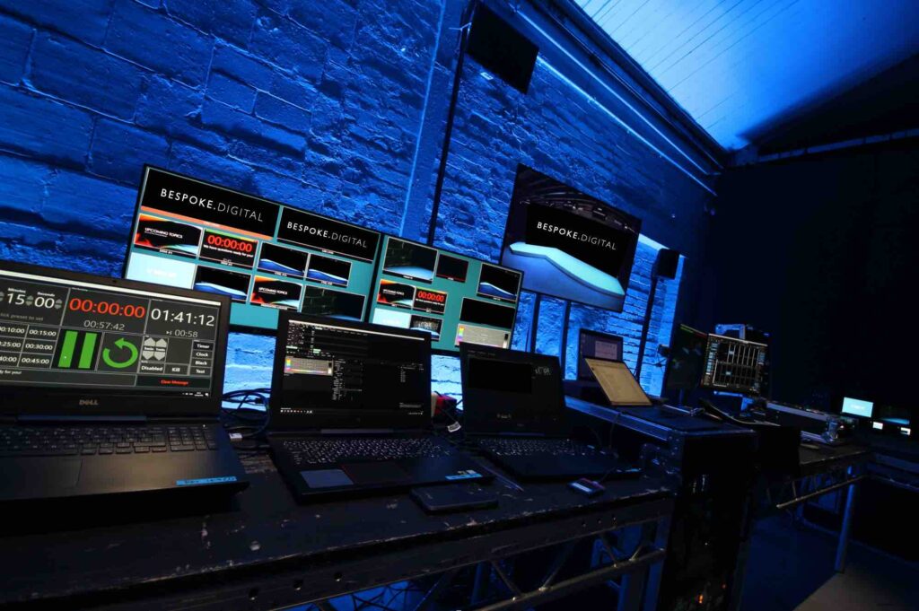 Behind the scenes editing studio using multiple different digital technology services to create this virtual event.