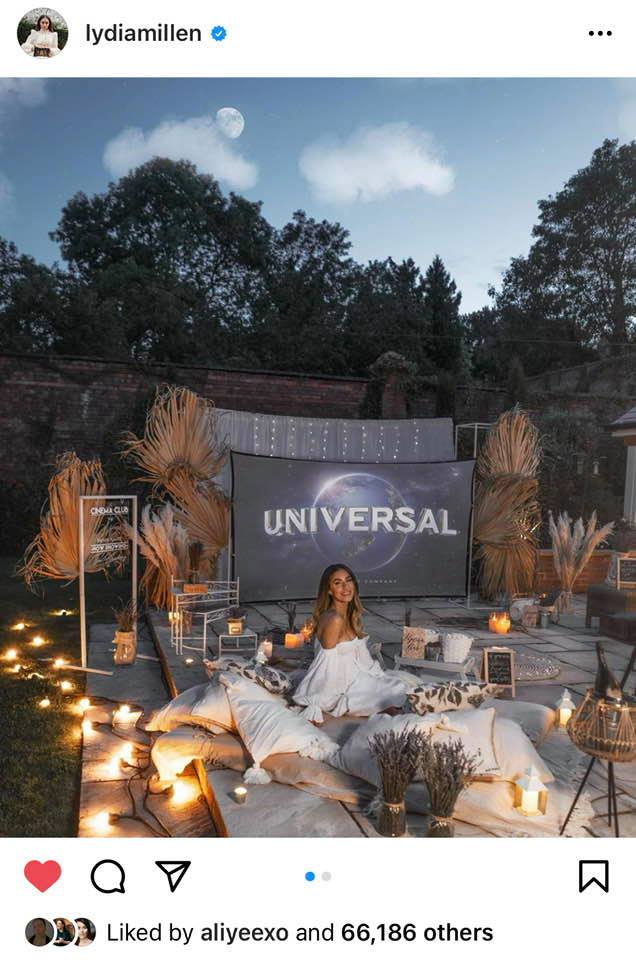 Social media influencer Lydia Millen in her open air cinema she hired for a special event in her garden.