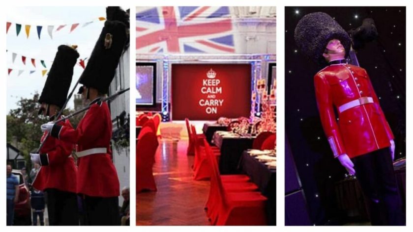 Collage of Queens guard stilt walkers, red white and blue venue dressing for British themed parties and queens guard party prop