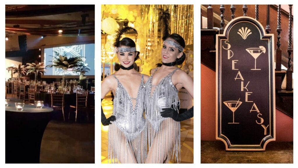 Collage of Gatsby themed party ostrich feather centrepieces, 1920s Gatsby girl entertainment and Speakeasy prop signs.