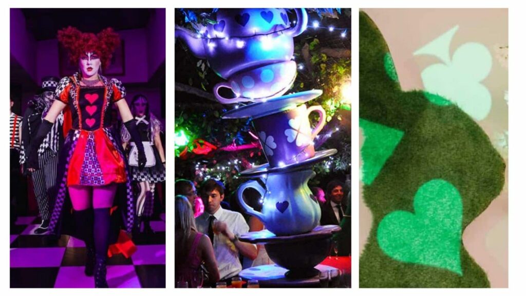 Queen of hearts performer, giant stacked tea cups and topiary rabbit with playing card projection over it all use for Alice in Wonderland themed parties 