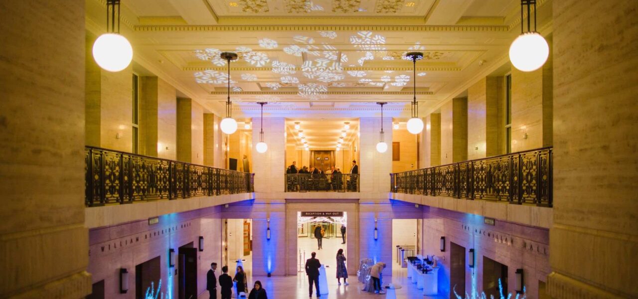 Christmas party venue in London called Conrad hotel we hired for a Christmas party where we added snowflake projection and entry tables.
