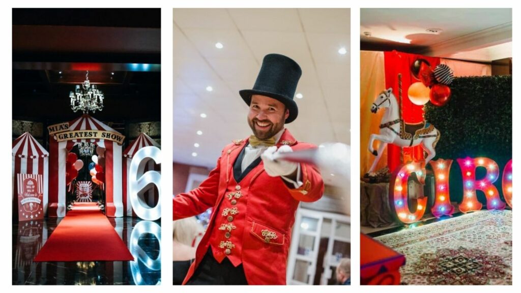 Circus themed entrance way, ringmaster entertainment and circus backdrop hired for themed party
