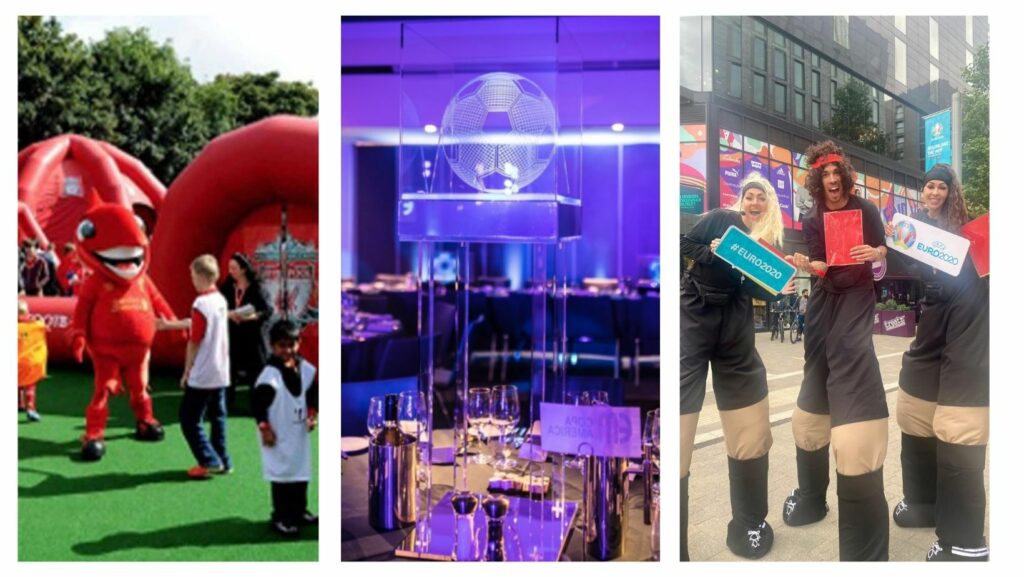 Collage of different football themed party options including inflatable football pitch with mascot, football themed centrepieces and stilt walking referee entertainment.