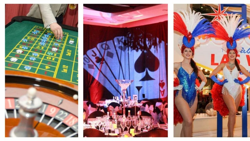 Roulette table, venue decorations and showgirls booked as part of our Las Vegas Themed party services.