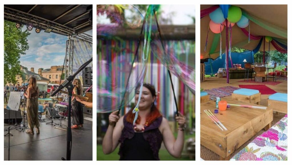 Collage of different images from festival themed party including live band on stage, giant bubble artist walking around festival and festival tent decorated in bright colours.