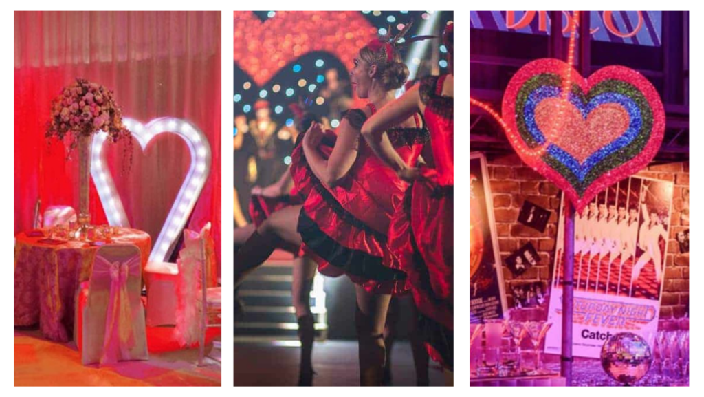 Giant LED heart decorations, can can dancers and neon heart props used to decorate Love themed parties and events