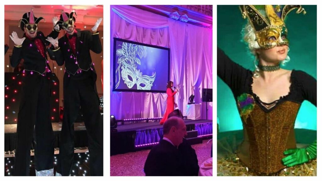 Masquerade themed party including jester stilt walkers, masquerade projections and masquerade themed meet and greets.