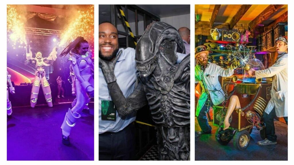 Robot shooting sparkler on stage, Venom character meet and greet and mad scientists all available to book for Sci-Fi themed parties.