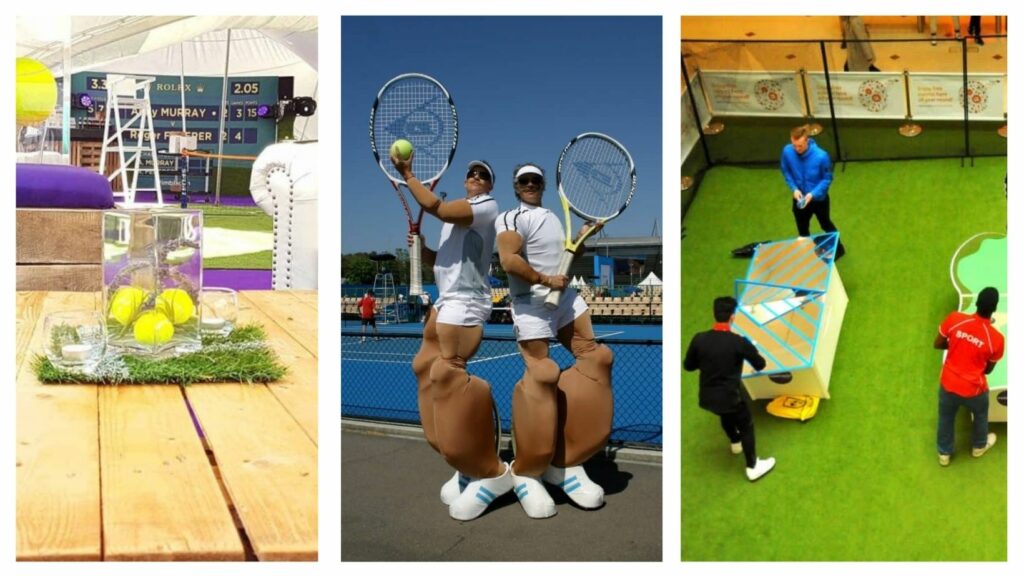 Collage of various different tennis themed party services including stilt walking giant tennis players, Wimbledon theming in marquee and unique table tennis tables.