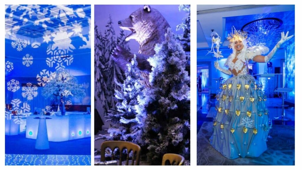 Snowflake projections, polar bear and snow covered tree and stilt walking winter fairy serving champagne all booked for winter wonderland themed parties.