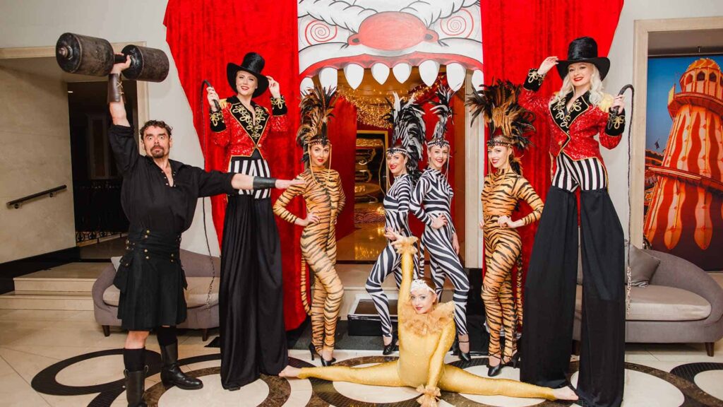 Circus Themed Walkabout Performers and Entertainers at the entrance of our Circus Themed Event.