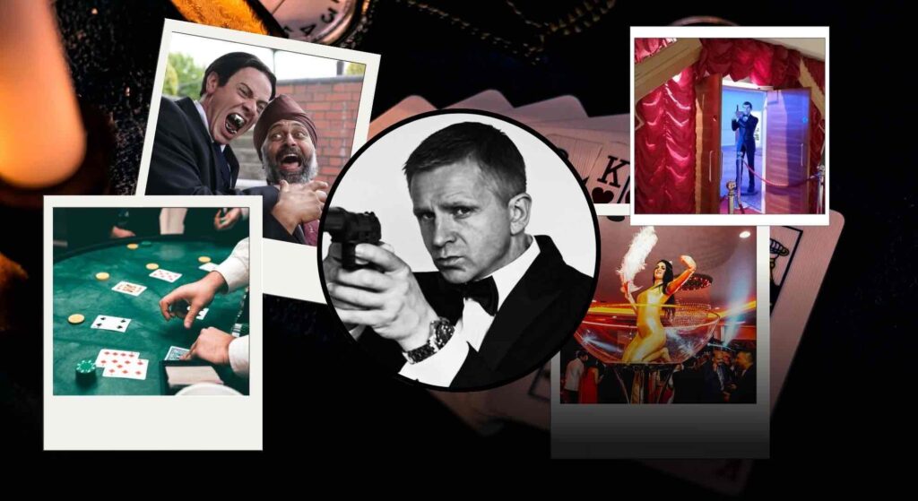 A collage of James Bond themed elements for event theming such as a lookalike and casino props.