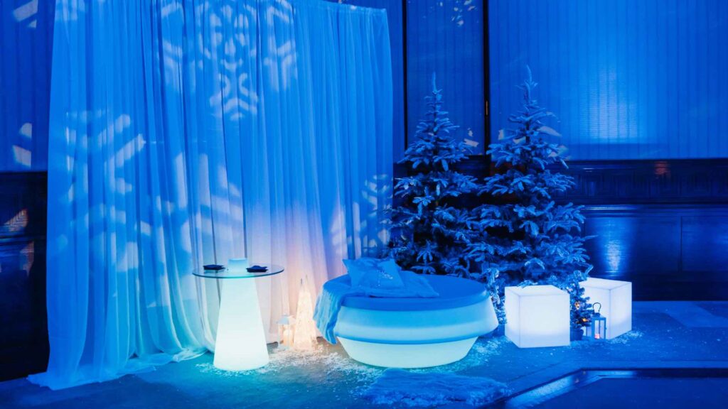 Winter Wonderland we curated at the Conrad Hotel in the UK featuring bespoke seating decoration and lighting.
