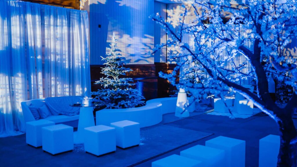 A winter wonderland party Julia Charles Event management created featuring bespoke draping and colours.