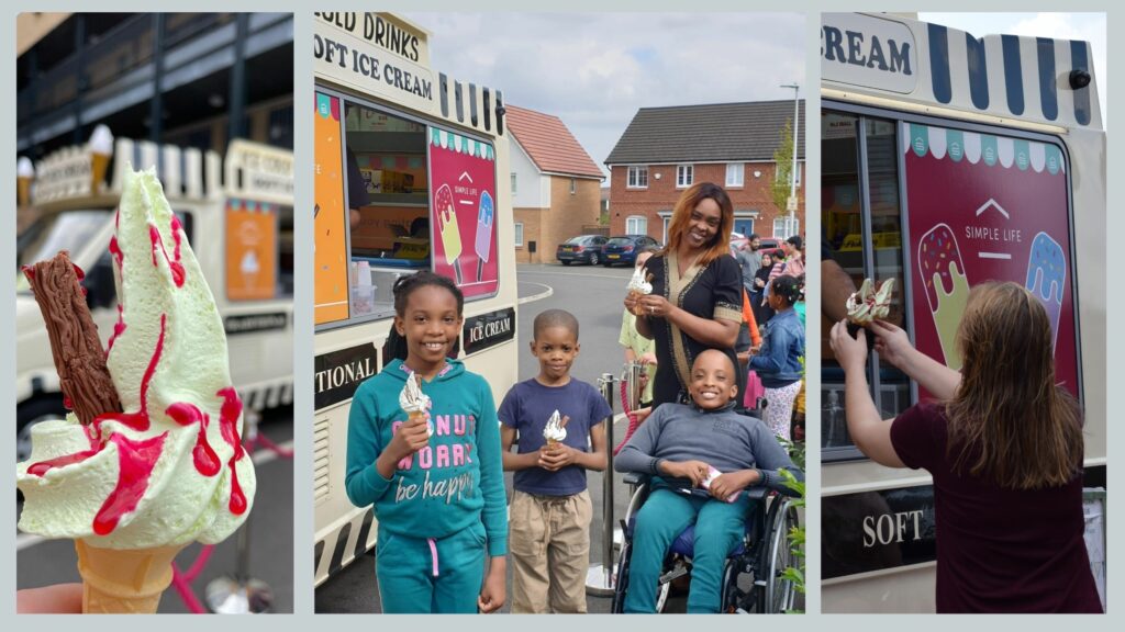 Community Event for corporate brand simple life run by our event management team. Tenants of Simple Life Homes holding up their ice creams and smiling.