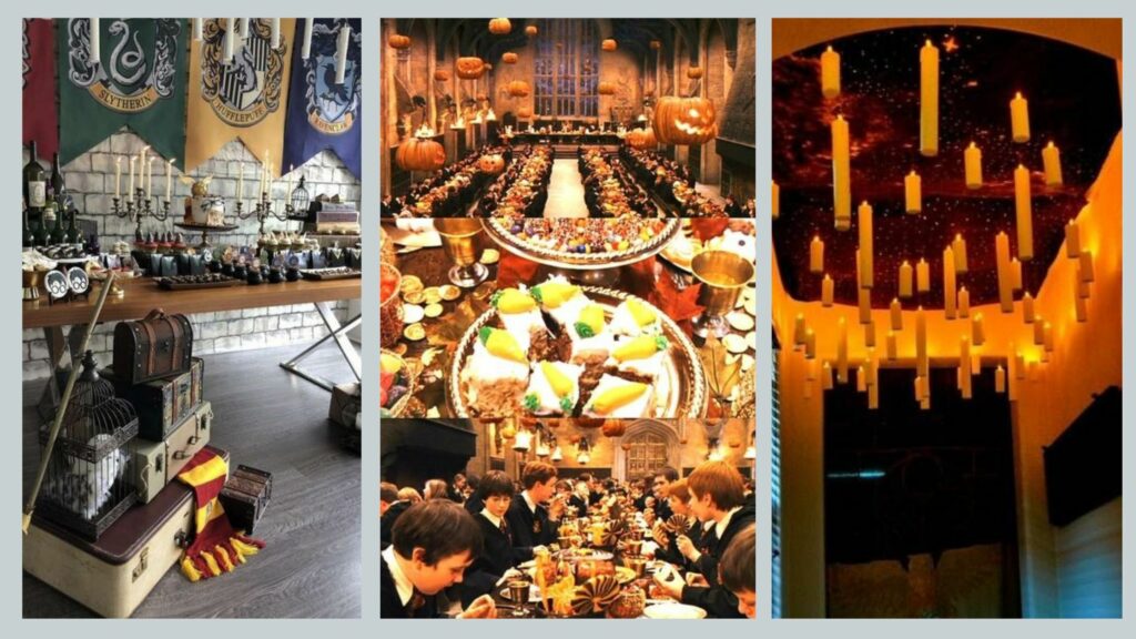 Harry potter venue decorations, feats and floating candles used to create Harry Potter themed party.